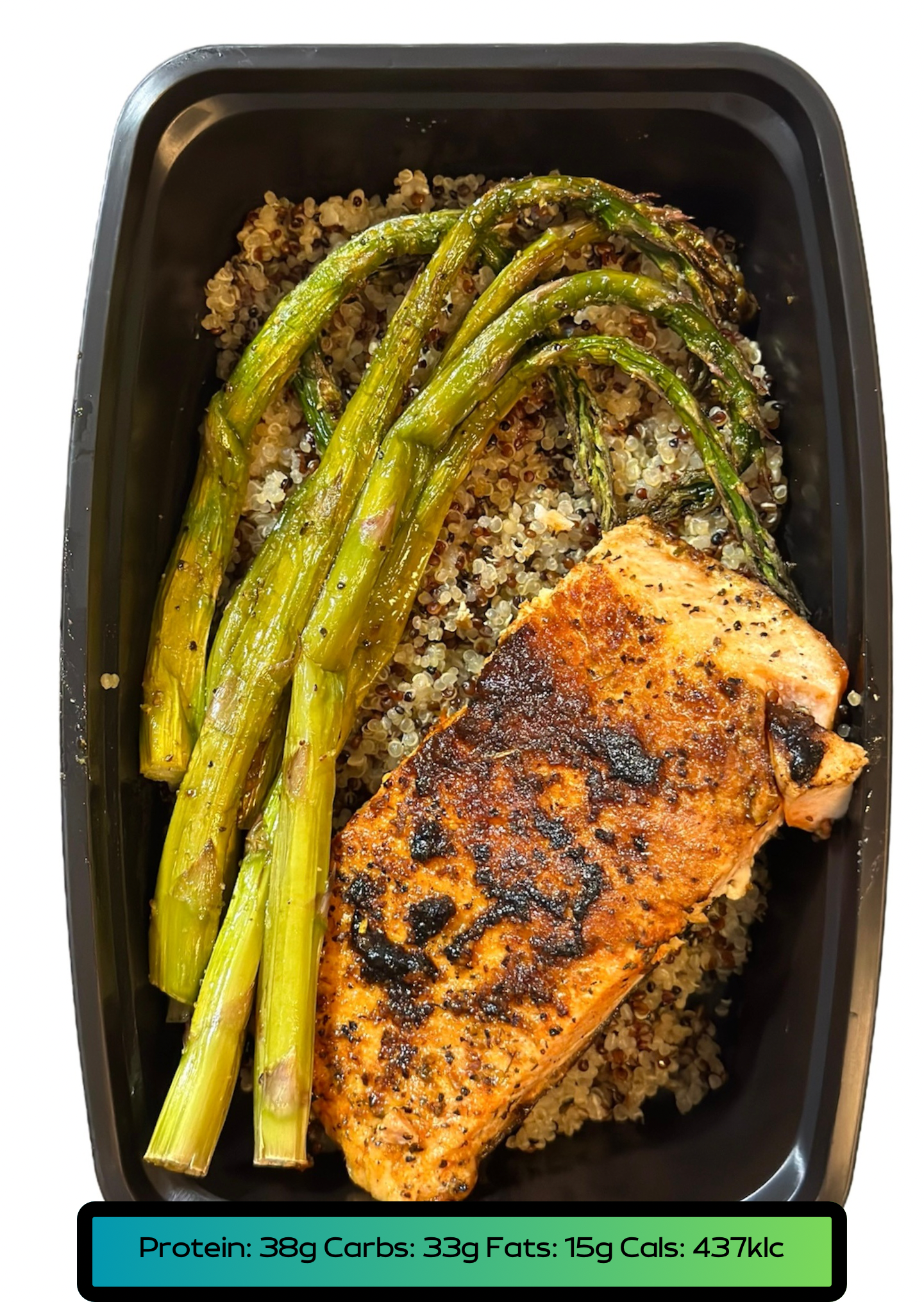 Salmón 5.2oz, Carbs 5.2oz, Veggies 2.1oz
