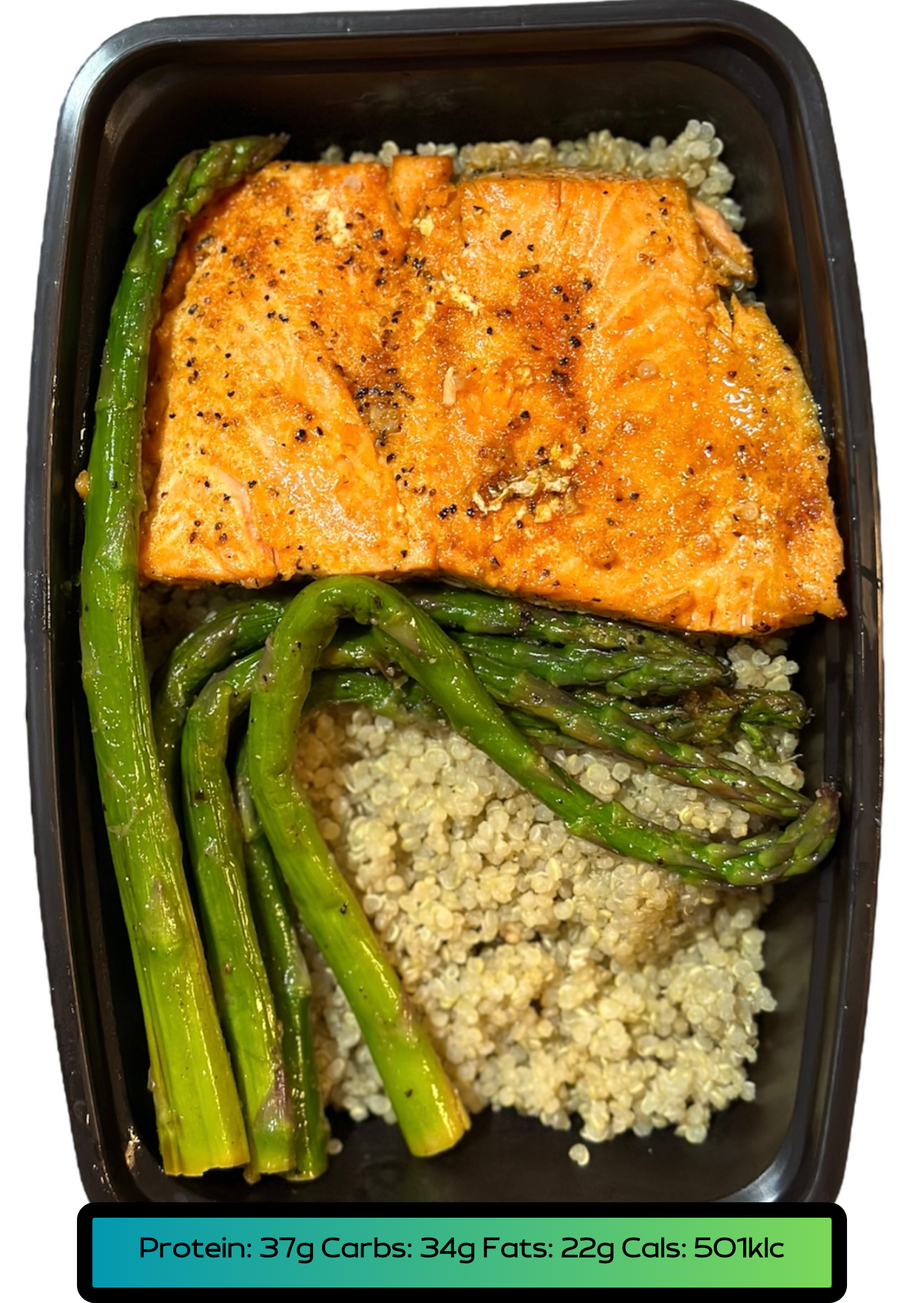 Salmón 5.2oz, Carbs 5.2oz, Veggies 2.1oz