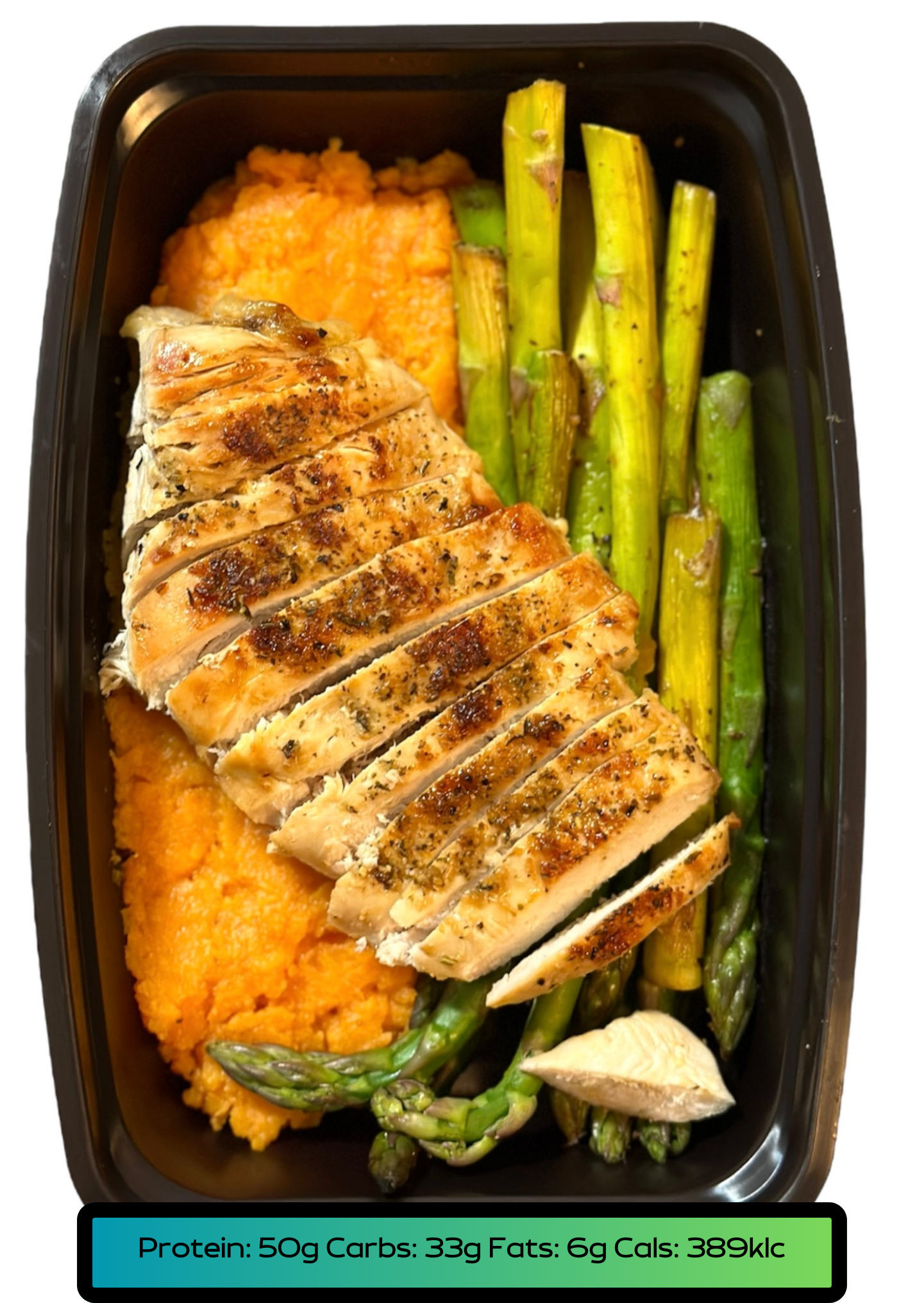 Chicken breast 5.2oz, Carbs 5.2oz, Veggies 2.1oz