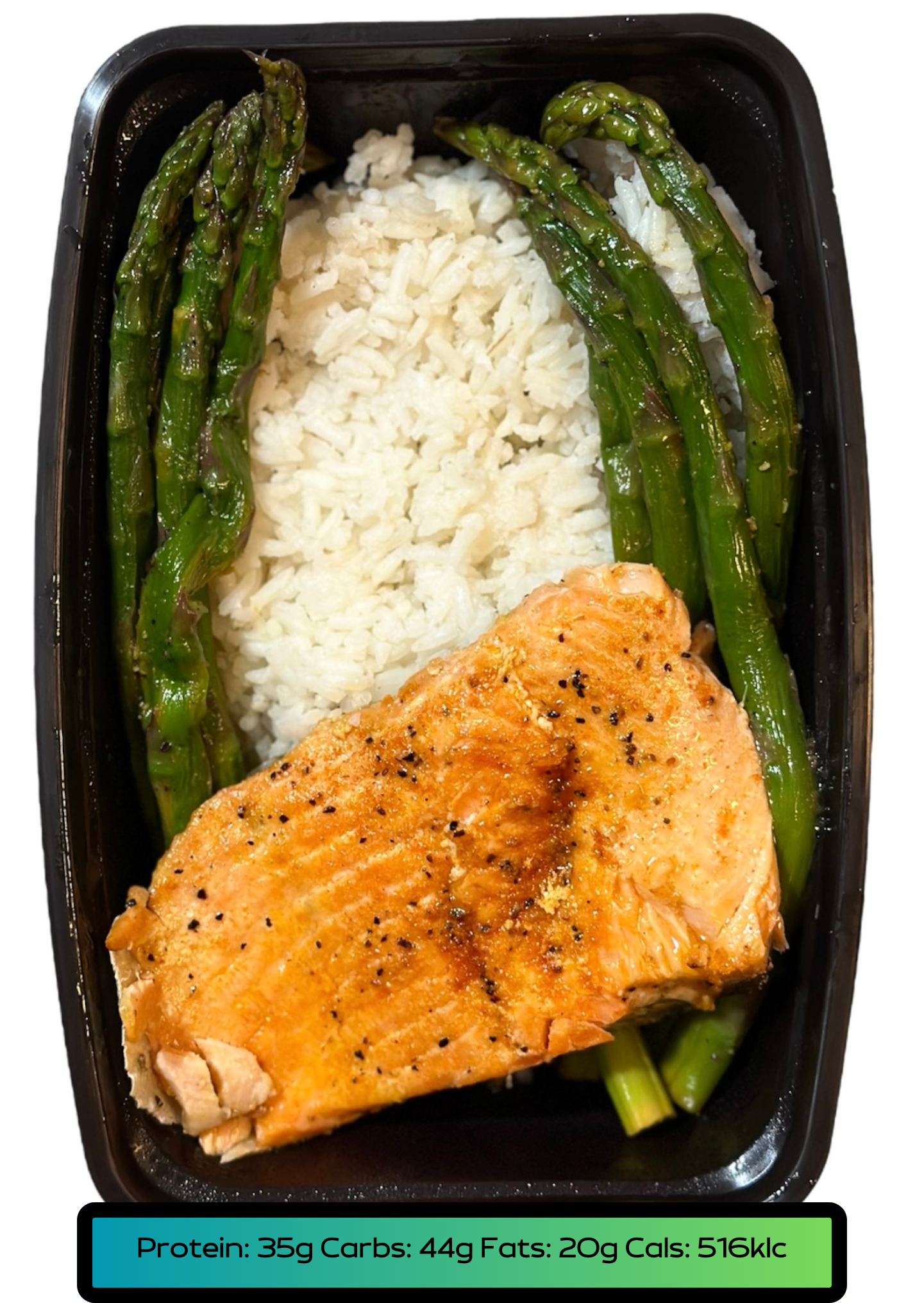 Salmón 5.2oz, Carbs 5.2oz, Veggies 2.1oz