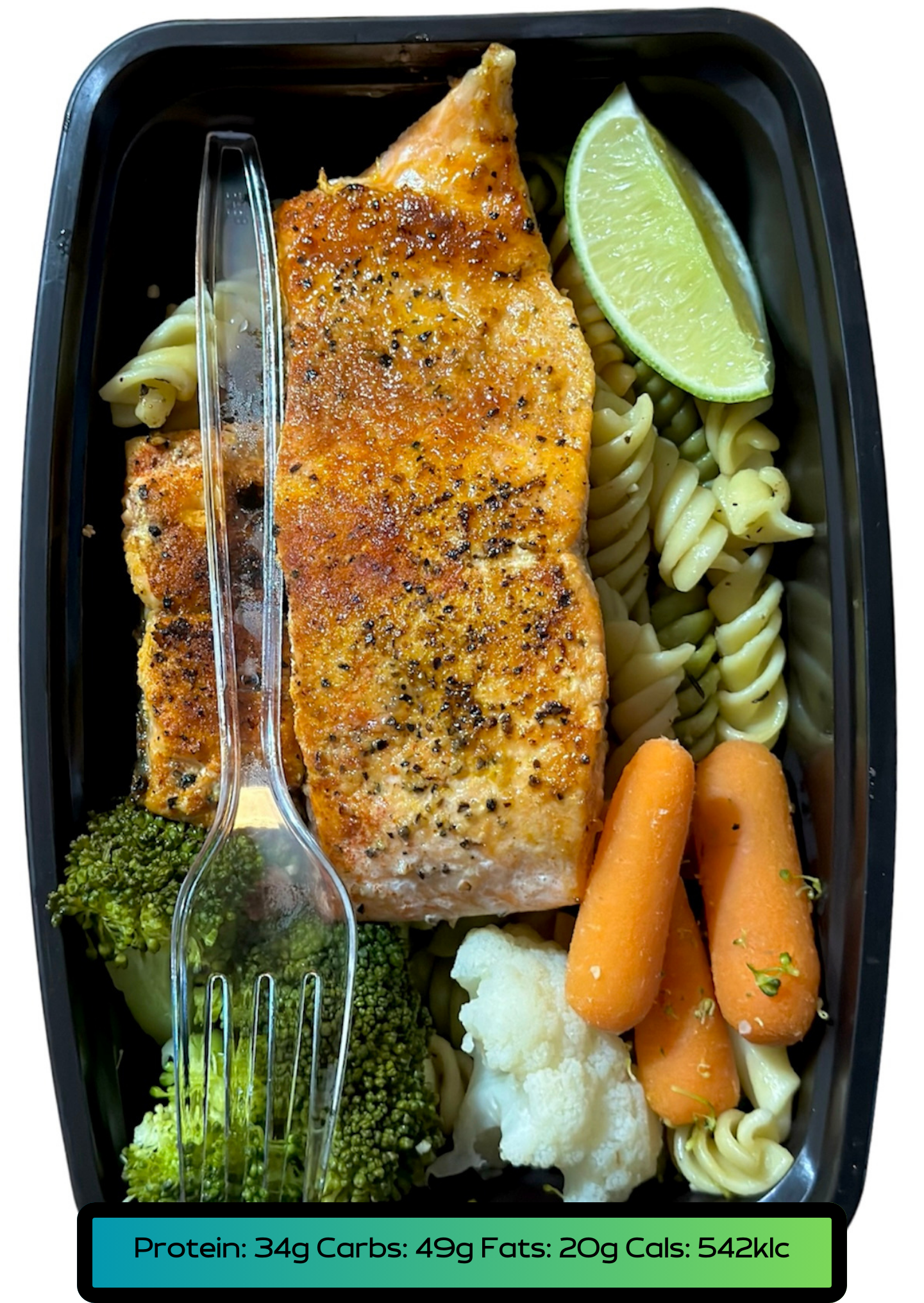 Salmón 5.2oz, Carbs 5.2oz, Veggies 2.1oz