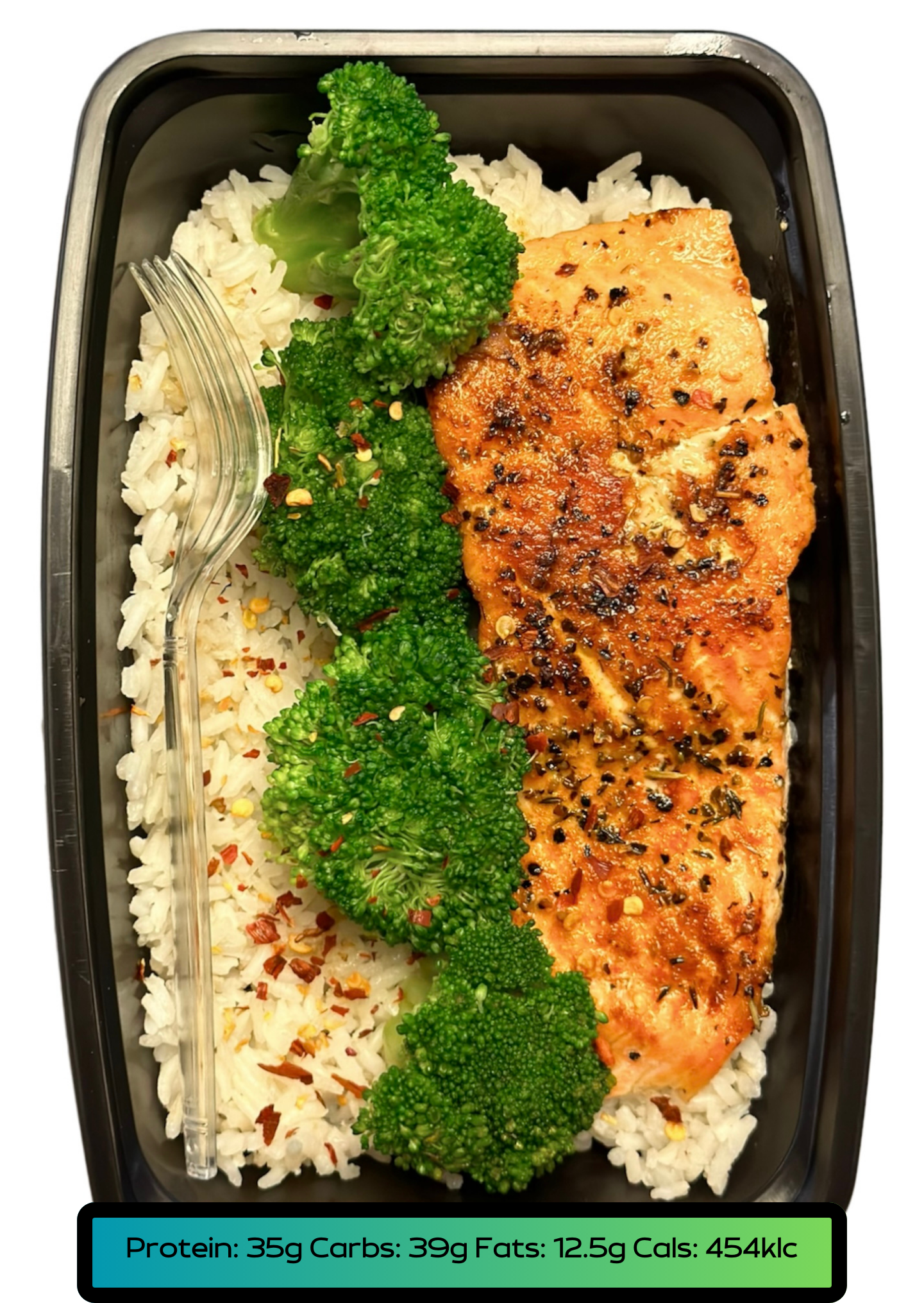 Salmón 5.2oz, Carbs 5.2oz, Veggies 2.1oz