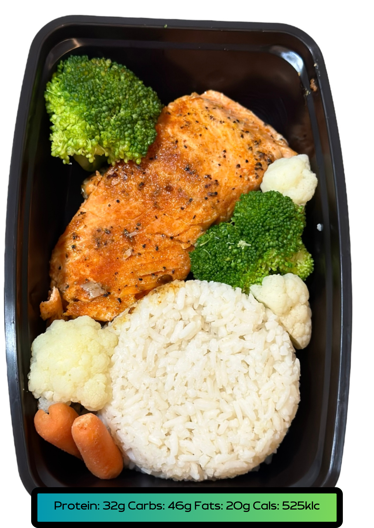 Salmón 5.2oz, Carbs 5.2oz, Veggies 2.1oz