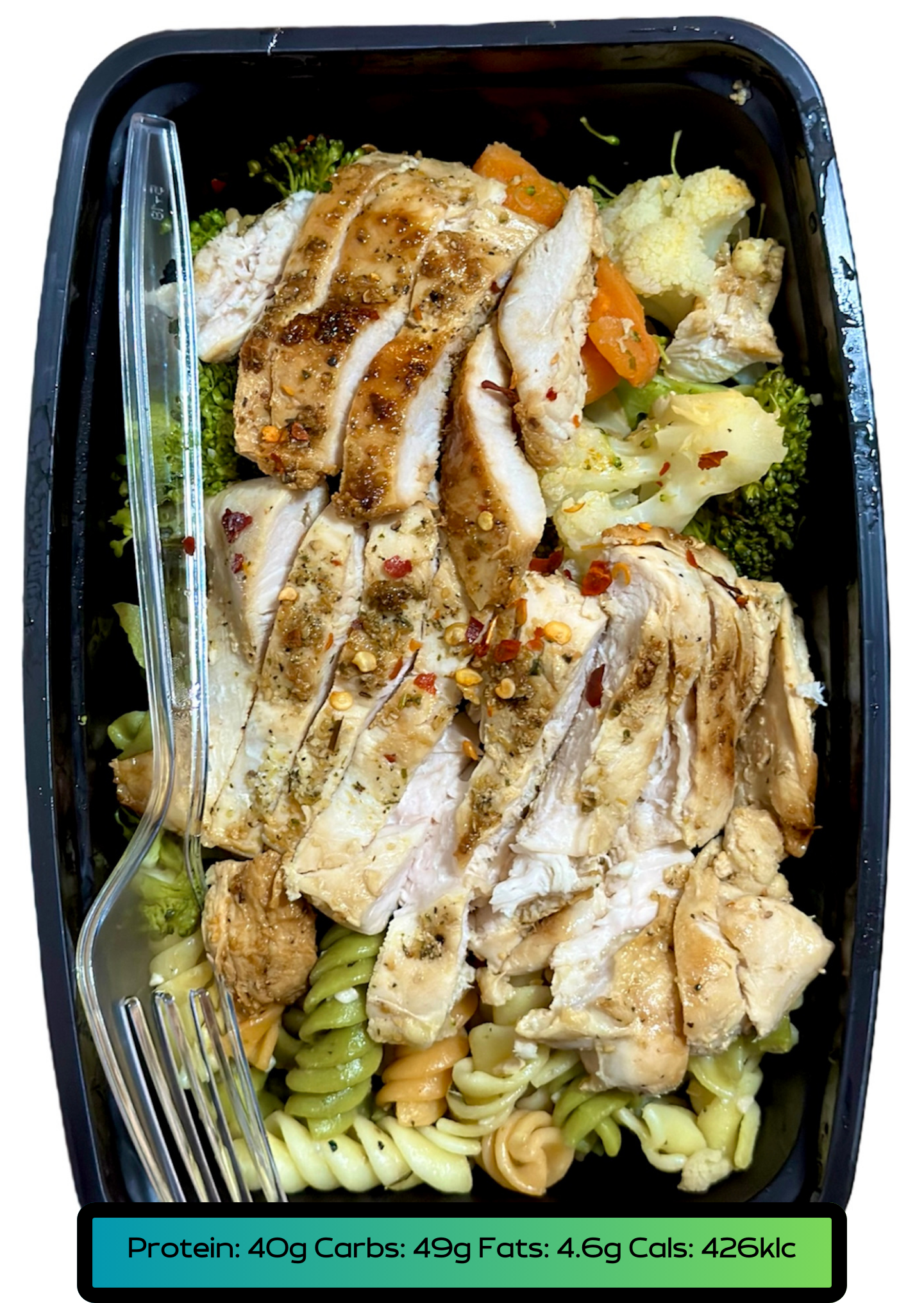 Chicken breast 5.2oz, Carbs 5.2oz, Veggies 2.1oz