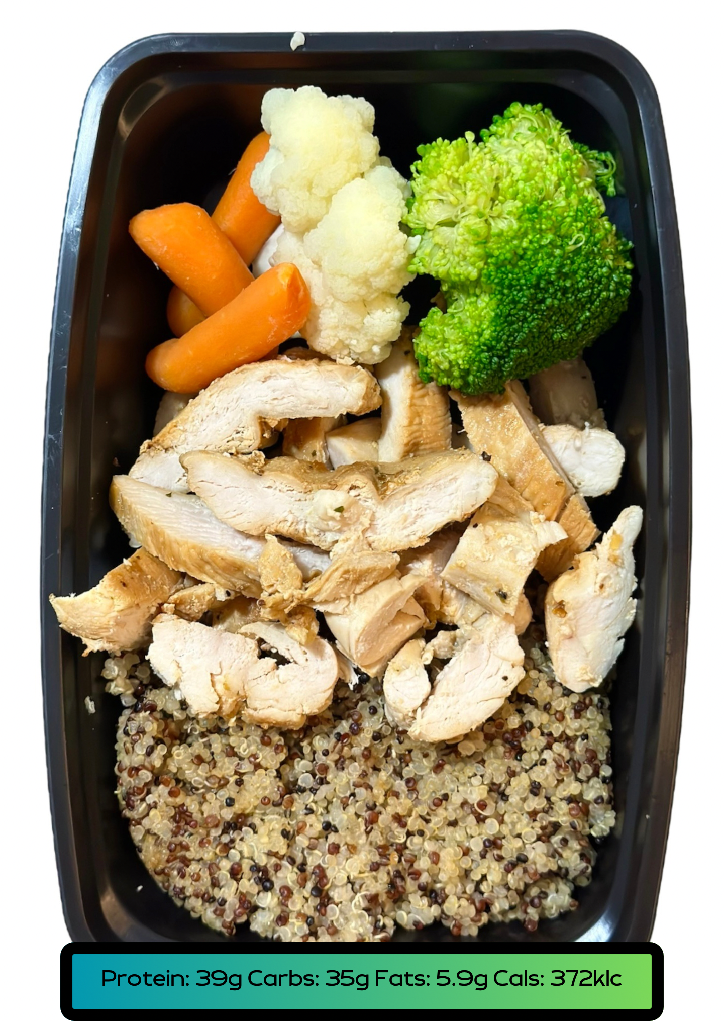 Chicken breast 5.2oz, Carbs 5.2oz, Veggies 2.1oz
